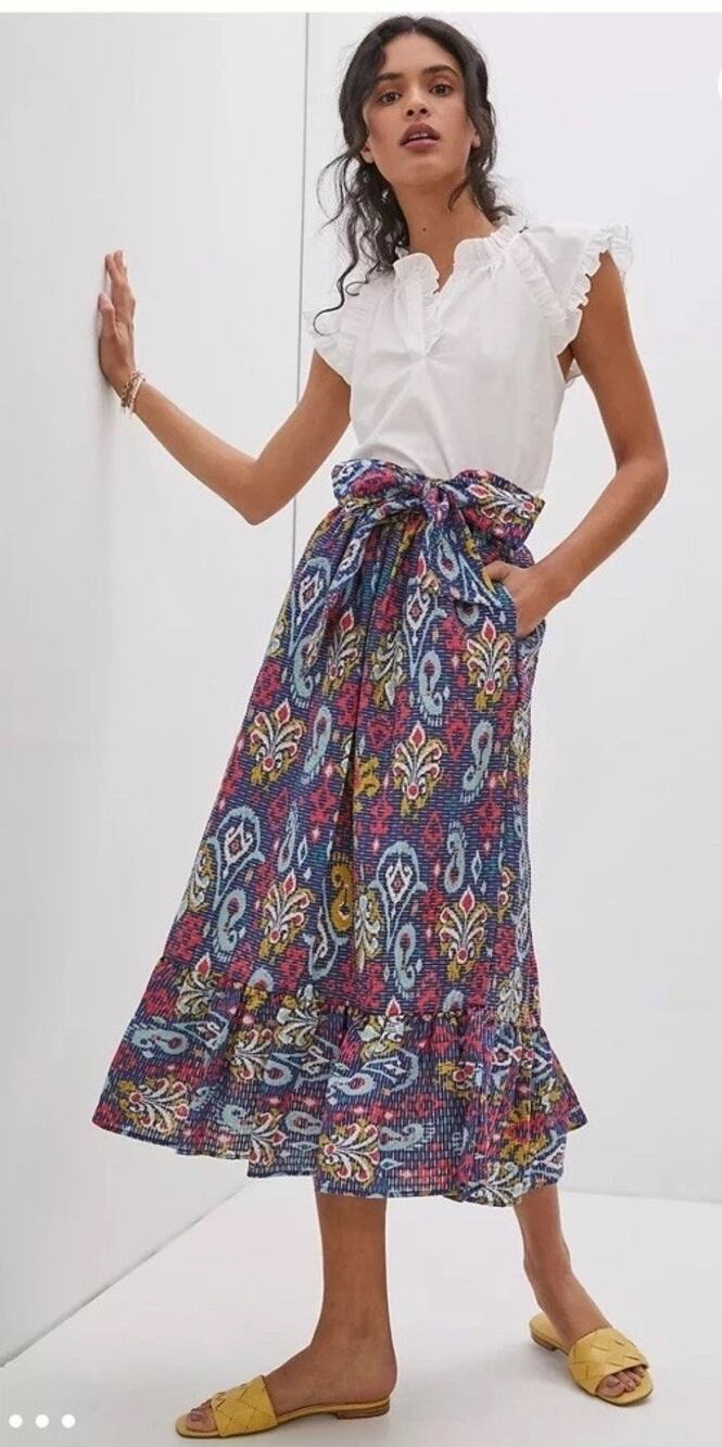 Anthropologie Edith Paisley Ruffle Midi Skirt Small Bow Tie Waist